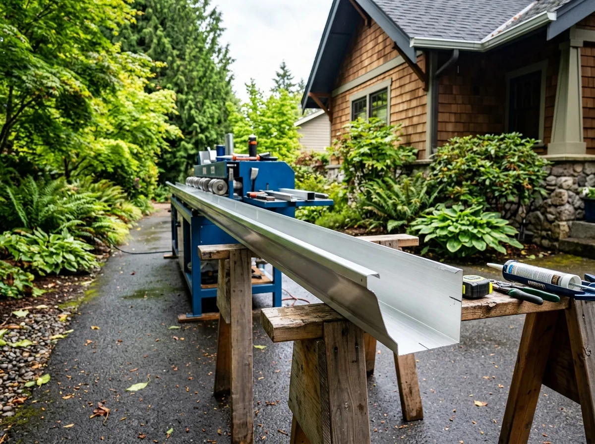 Close-up of seamless gutter fabrication and installation